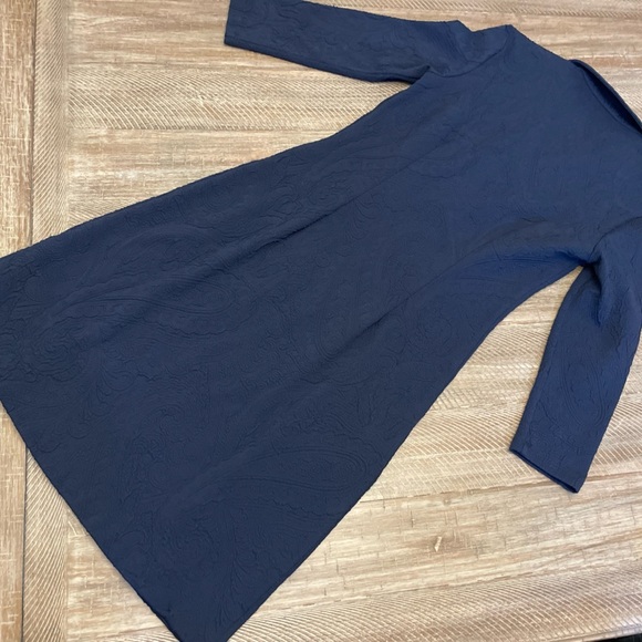 J McLaughlin navy blue dress knee length long sleeve v neck xs jacquard collar - Picture 7 of 8